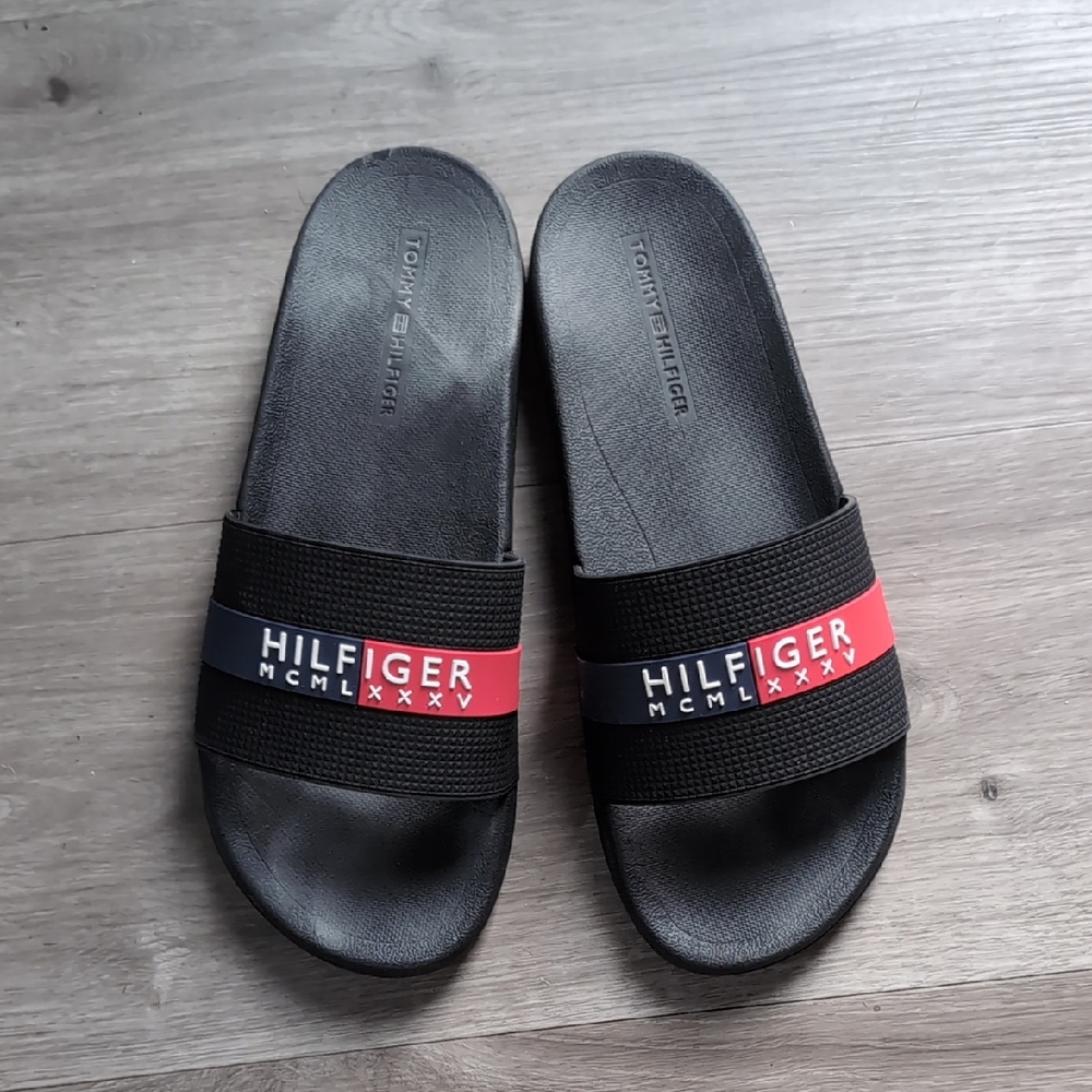 Tommy Hilfiger Black Slides with Red and Blue Accents
